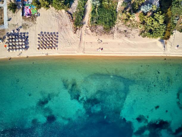 Beautiful beach with family top aerial view drone shot, Sithonia, Greece