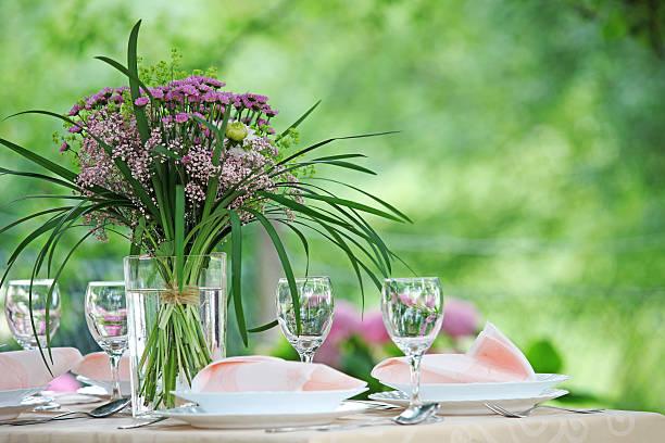 Picture that expresses fine table setting with beautiful natural bouquet. There is a place for a copy, a slogan in the right up position of picture and it is lovely to conect fresh picture with a copy that express power of mealtimes. Ready for beautiful advetrtising campaign. Also as a wedding reception.