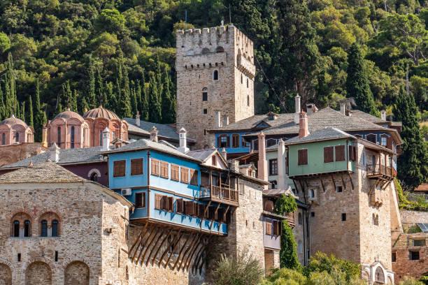 Docheiariou Eastern or Greek Orthodox Monastery at Mount Athos Peninsula in the Autonomous Monastic State of the Holy Mountain Agion Oros, Chalkidiki, Central Macedonia Greece on 6th October 2019. The monastery was built in the 10th century and is dedicated to Archangels Michael and Gabriel with historical, architectural and religious importance. The monastery houses the very important for Christians icon of the Virgin ''Gorgoepikoos'' or ''She who is Quick to Hear our Prayers''. (Photo by Nicolas Economou/NurPhoto via Getty Images)